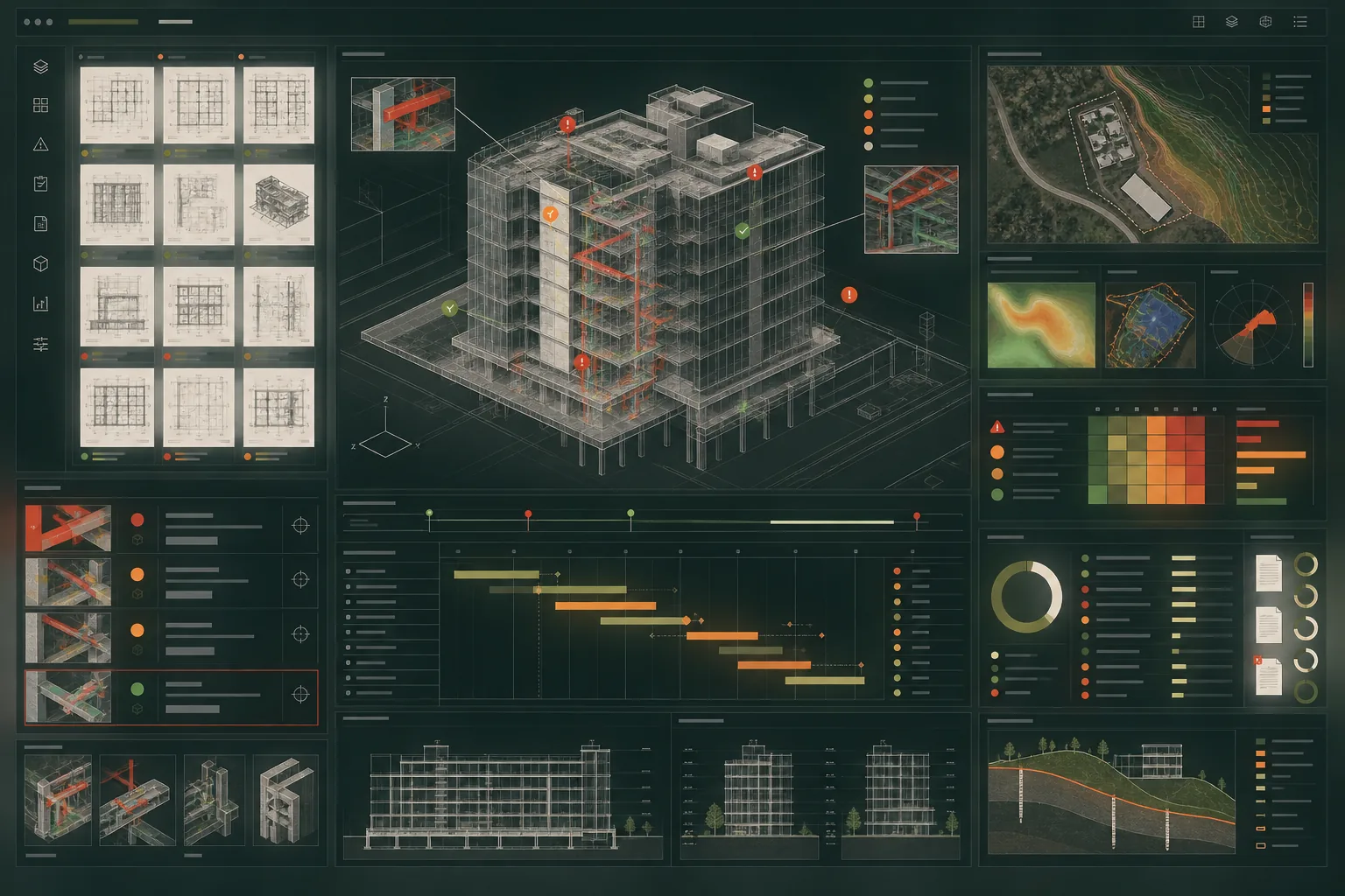 Цифровая среда BIM-координации с моделью здания, планами и проверками коллизий